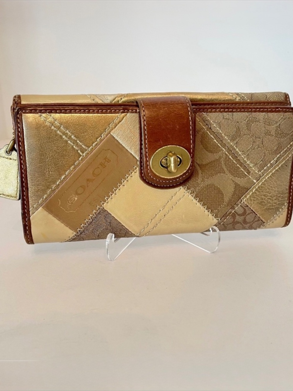 Coach Patchwork Gold Canvas/Leather Logo Turnlock Long Wallet